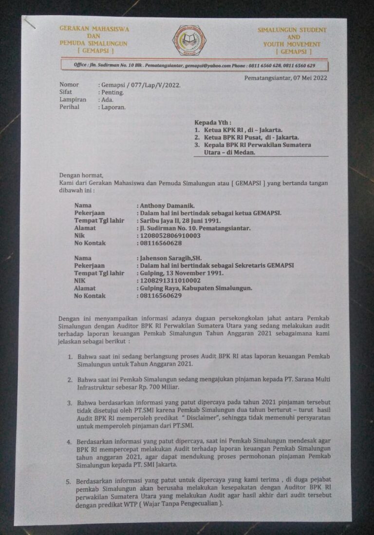 Gemapsi Surati KPK RI Terkait Pengajuan Pinjaman Pemkab Simalungun ke PT SMI