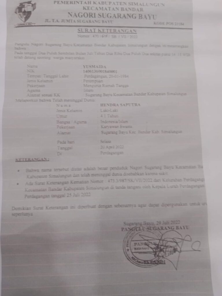 Terkait Surat Kematian Palsu Oleh Yusmaida, Lurah III dan Supandi Berikan Klarifikasi