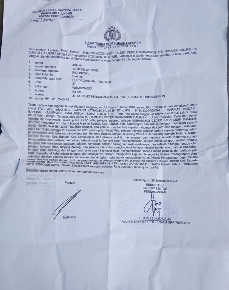 Laporan Warga Kurang Direspon Polsek Perdagangan, LRR Simalungun Kirim Surat Ke Poldasu